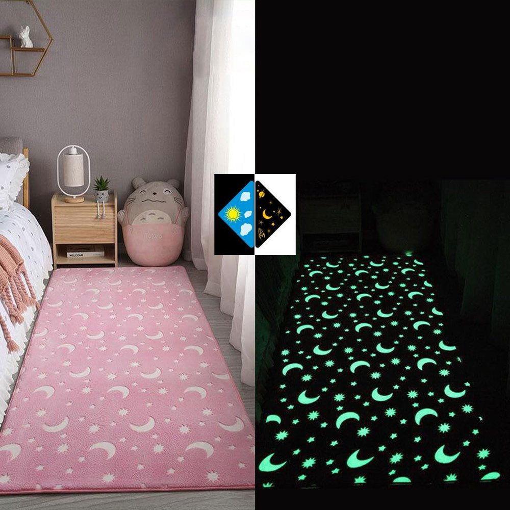 Glow-in-the-Dark Nightstand Rug for Kids' Room, Pink Stars and Moon, 80 x 180 cm