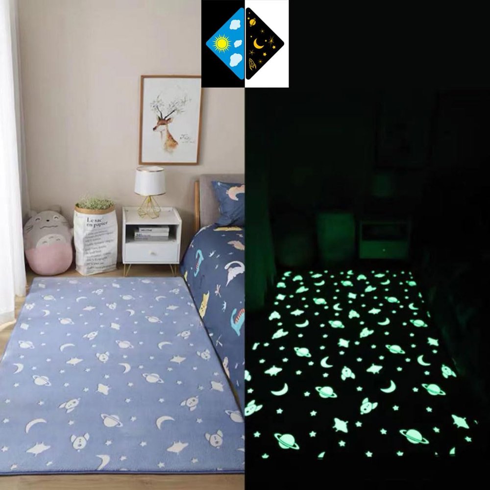 Single Tree Forest Glow-in-the-Dark Kids' Room Rug, Blue Stars and Moon, 200 × 300 cm
