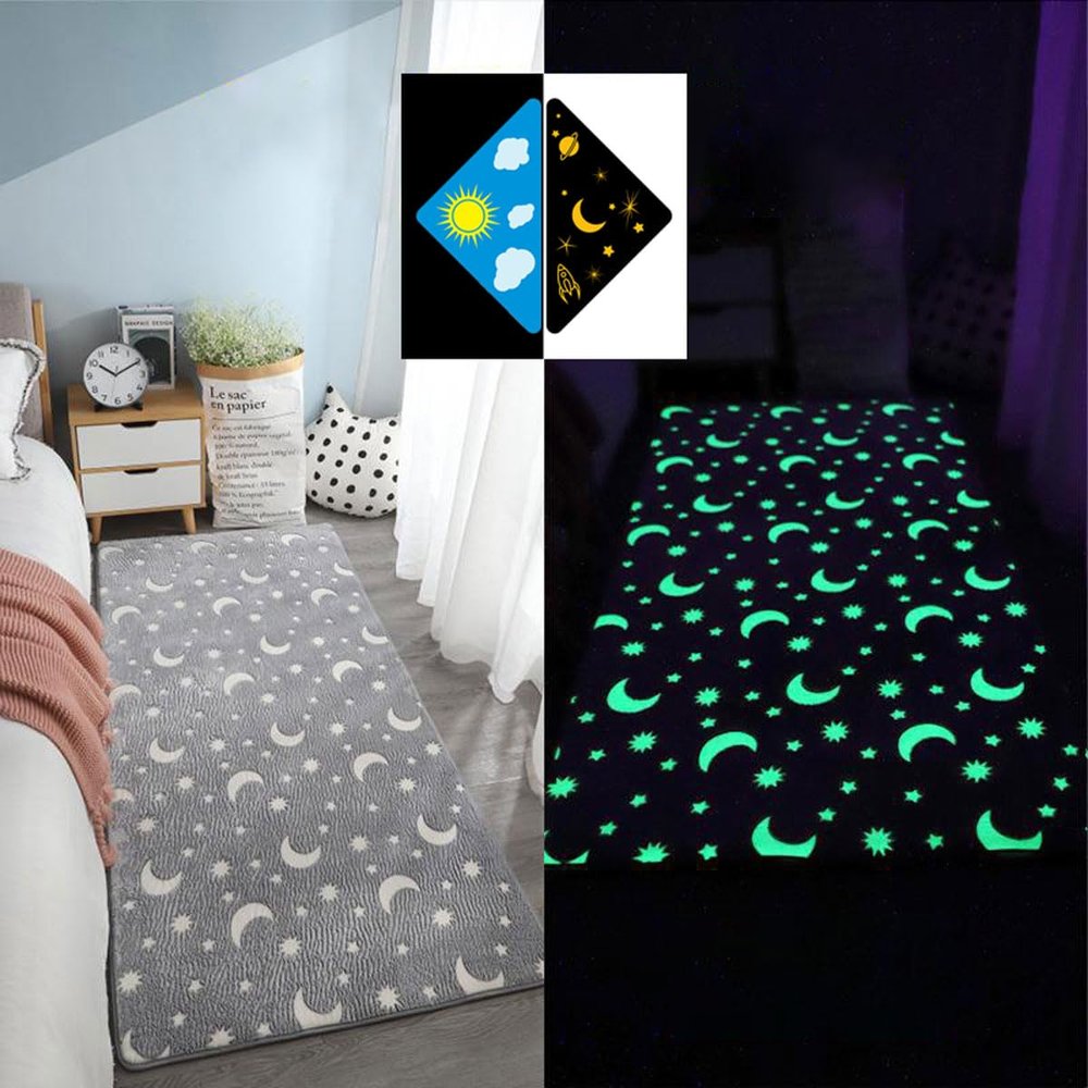 Glow-in-the-Dark Gray Stars and Moon Rug for Kids' Room, 60 × 200 cm