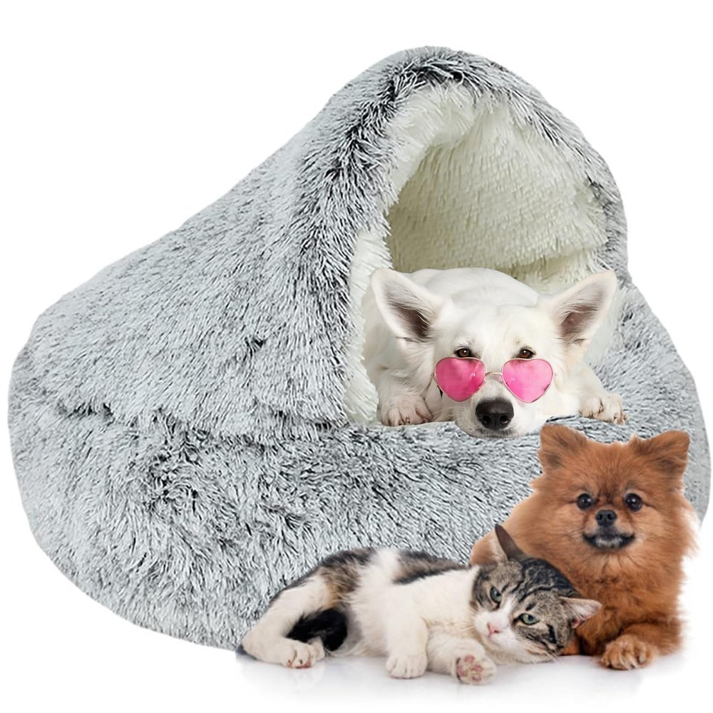 WTZHHK Plush Dog Cave & Cat Bed, Anti-Anxiety Indoor Round Pet Bed with Waterproof Base, Gray, 25.5 in (65 cm)