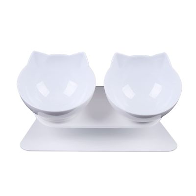15° Angled Double Food and Water Bowl for Cats and Small Dogs, White