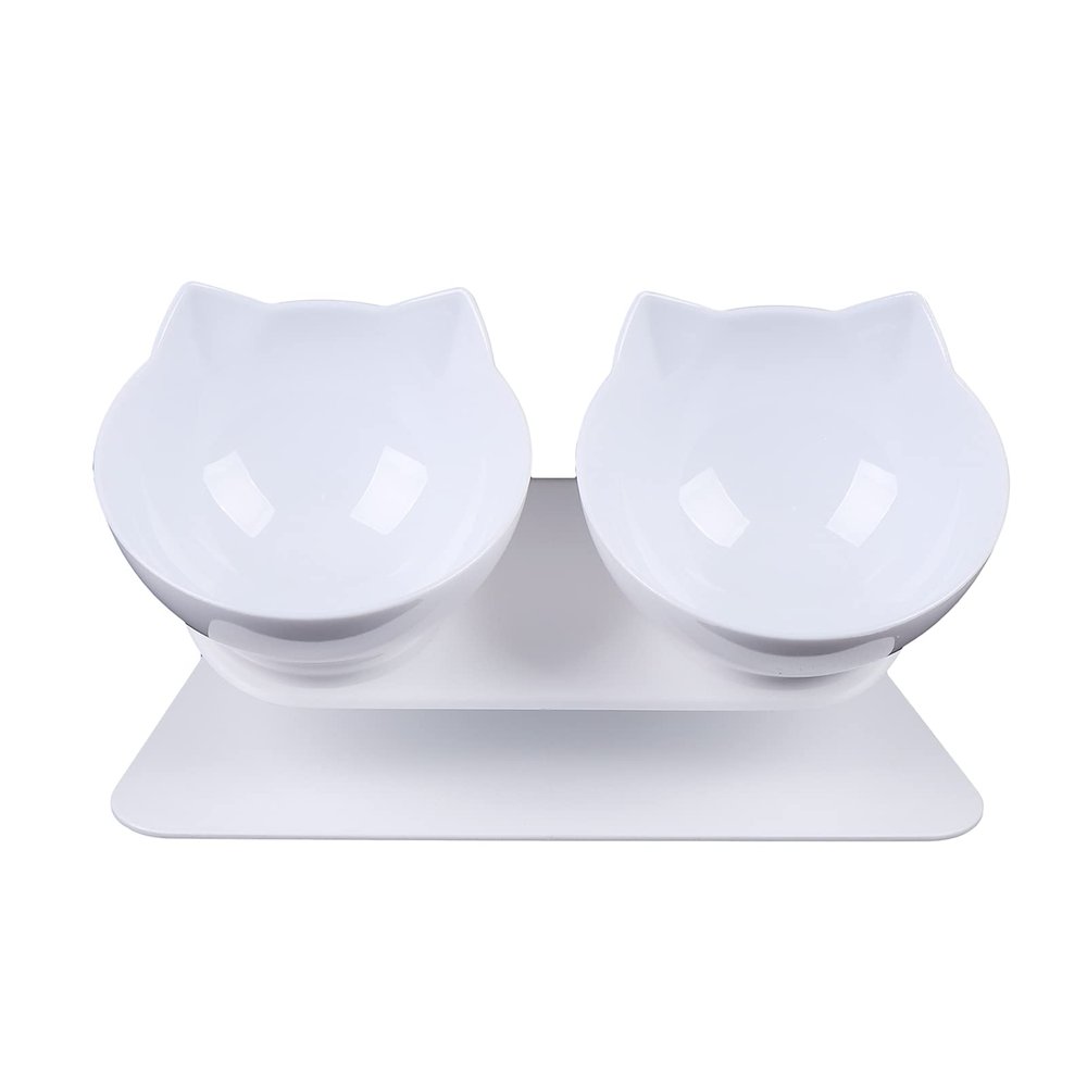 15° Angled Double Food and Water Bowl for Cats and Small Dogs, White