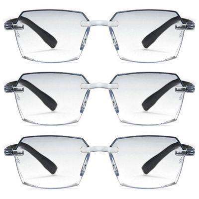 Lanomi 3-Pair Rimless Reading Glasses for Women and Men, Blue-Light Filter, Diamond-Cut, Black Arms, Gray Gradient Lens, 1.5