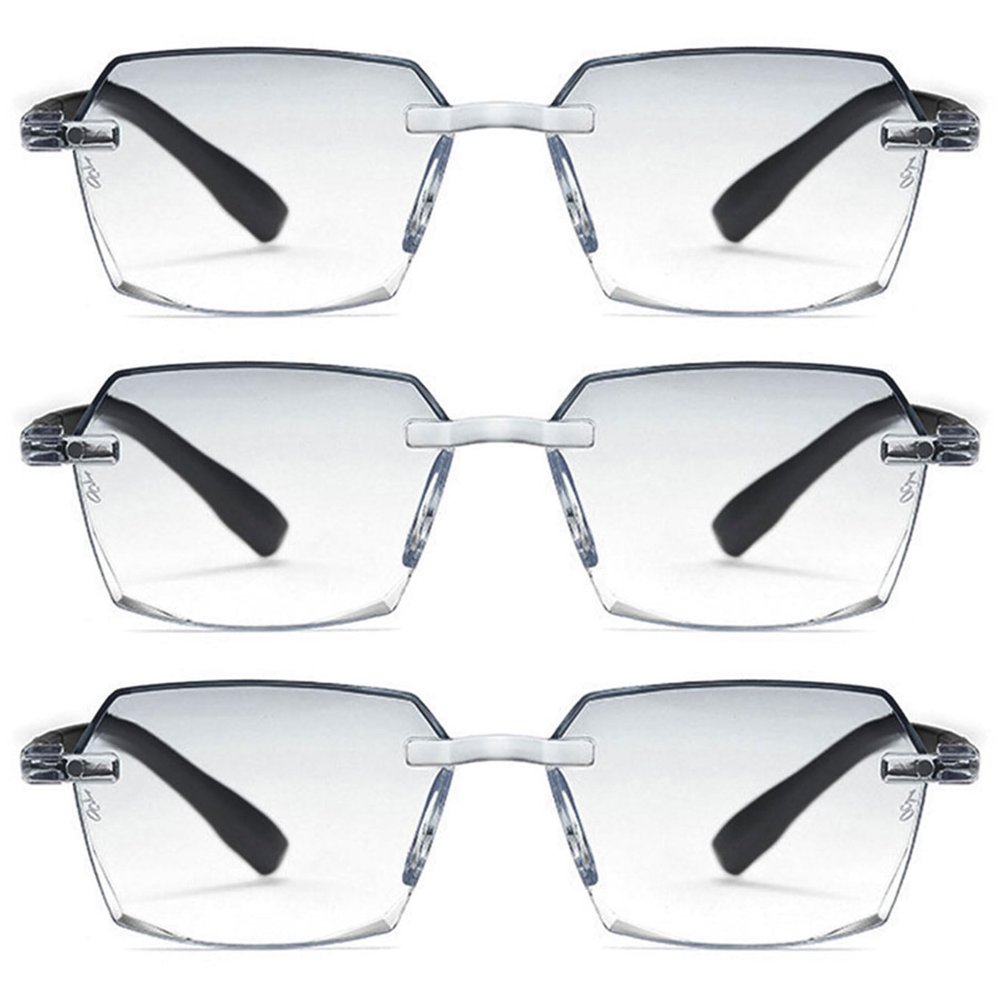 Lanomi 3-Pair Rimless Reading Glasses for Women and Men, Blue-Light Filter, Diamond-Cut, Black Arms, Gray Gradient Lens, 1.5
