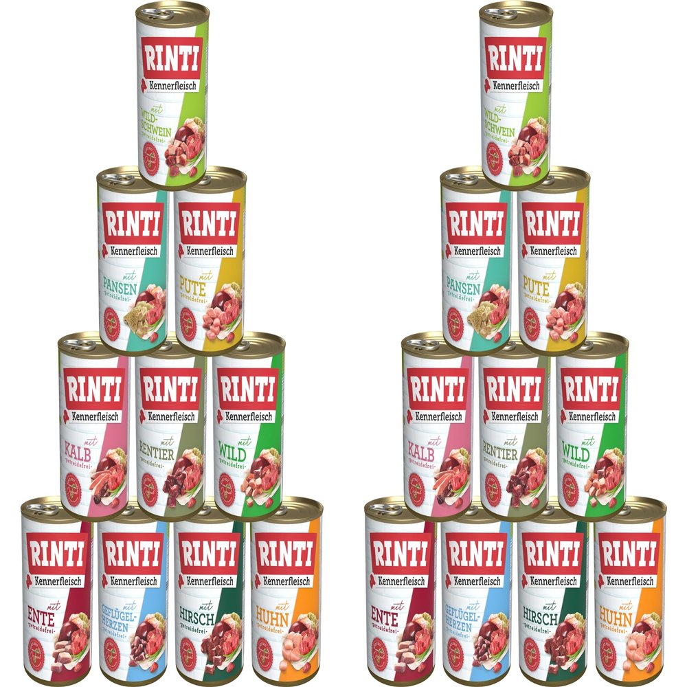 Rinti Kennerfleisch 20 x 400 g Variety Pack | 10 Guaranteed Varieties | Grain-Free Wet Dog Food with 70% Meat & Offal | Soy-Free