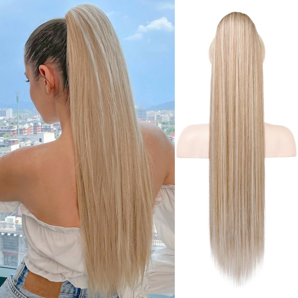 REECHO 28-Inch Long Straight Drawstring Ponytail Extension, Synthetic Hairpiece for Women, Dark Blonde with Highlights