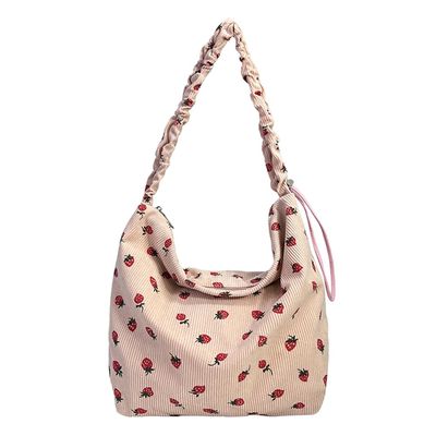 JUCHRZEY Women's Strawberry-Print Corduroy Shoulder Bag with Ruched Strap
