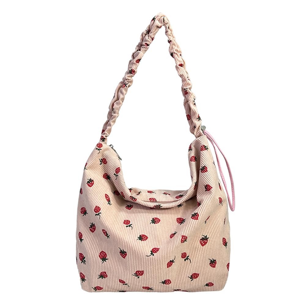JUCHRZEY Women's Strawberry-Print Corduroy Shoulder Bag with Ruched Strap