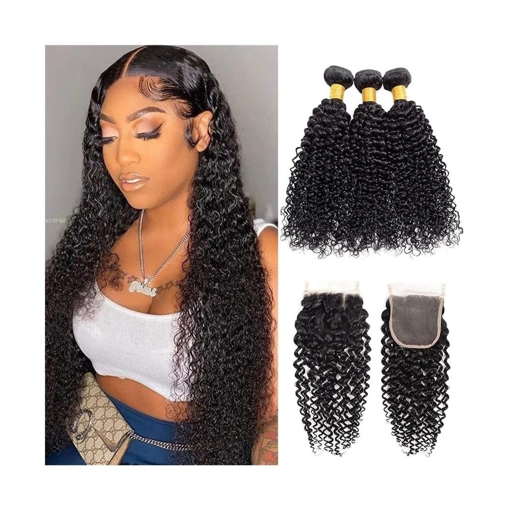 Brazilian Remy Kinky Curly Human Hair Bundles with Free-Part Lace Closure
