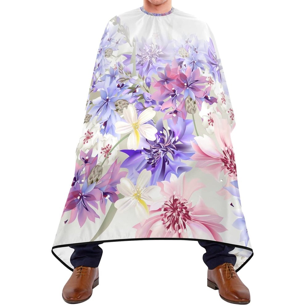 Hair Cutting Cape with Blue, Pink and Purple Cornflowers on White