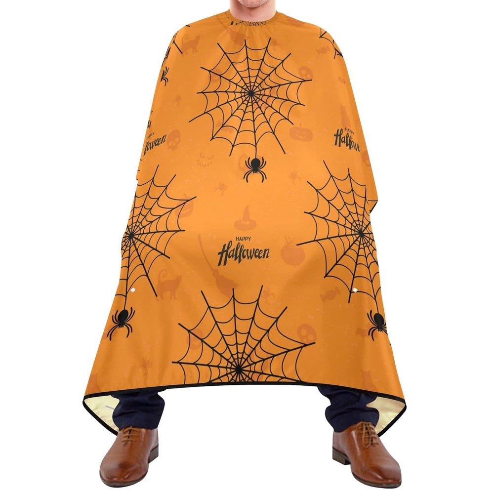 Halloween Spiderweb Haircut Cape with Spiders, Orange, Adjustable