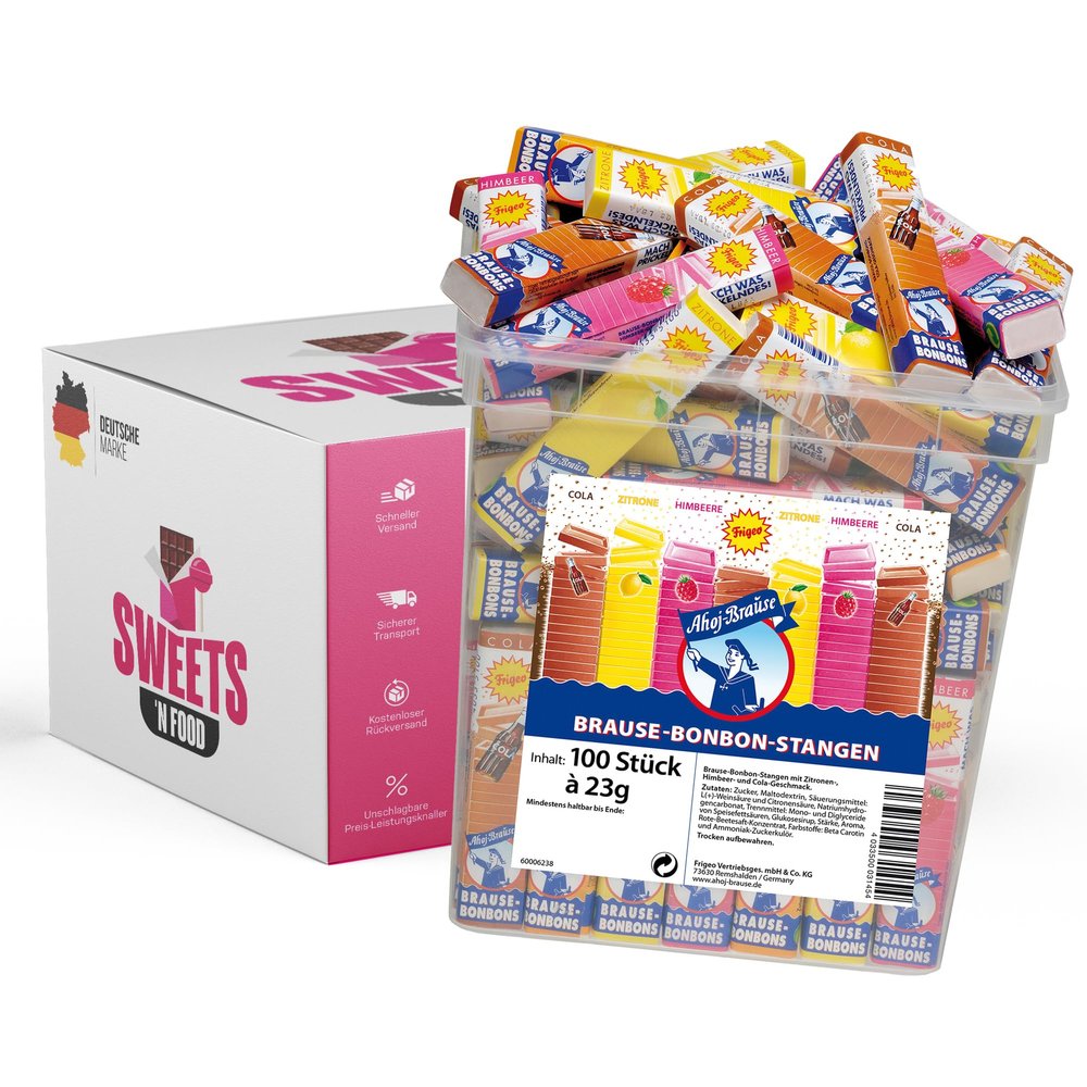 Ahoj-Brause Fizzy Candy Sticks Bucket, 100 Count, 2.3 kg | Packed with stylish SWEETSN FOOD packing tape