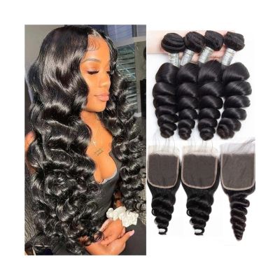 Brazilian Human Hair Extensions, 10–40 in Loose Wave Bundles with Lace Closure
