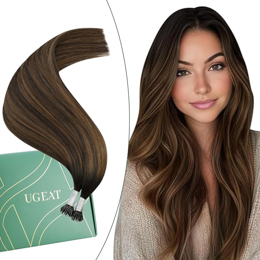 Ugeat Remy Human Hair Nano Ring Extensions, Dark Brown to Medium Brown Ombre, Straight, 40 cm, 50 g, 50 Strands, 2/6/2