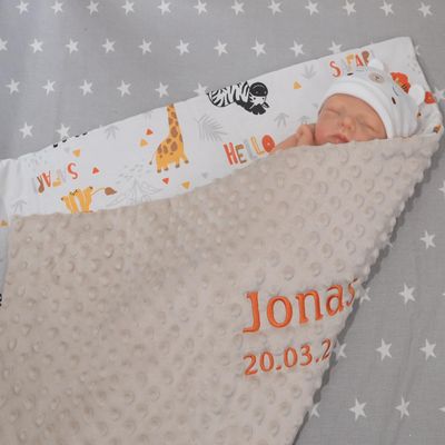 BotoBaby Two-Layer Baby Blanket, Embroidered Name and Date, Minky Cotton, Beige Safari, 75 x 100 cm