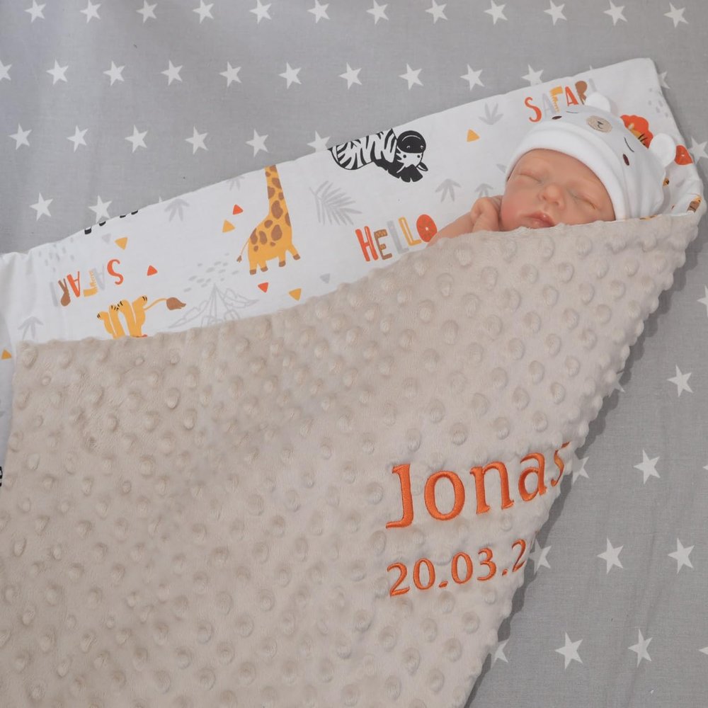 BotoBaby Two-Layer Baby Blanket, Embroidered Name and Date, Minky Cotton, Beige Safari, 75 x 100 cm