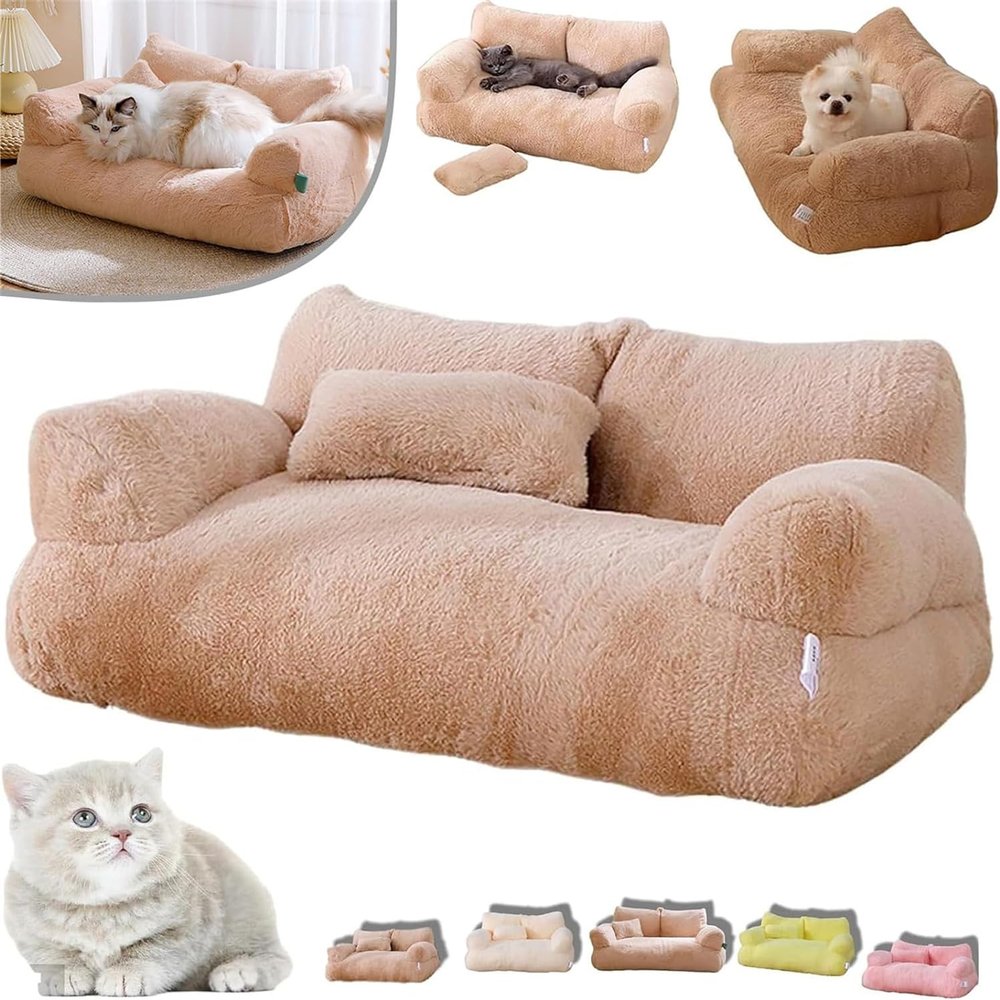Calming Pet Sofa – Fluffy Plush Dog Bed with Washable Cover (L, Coffee)