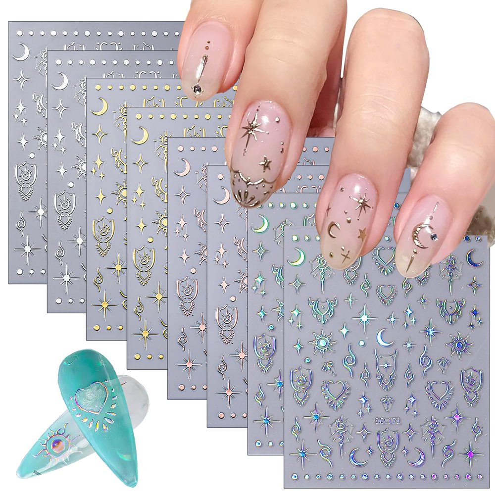 CHANGAR Moon and Star Nail Stickers, 8 Sheets, Laser Gold and Silver