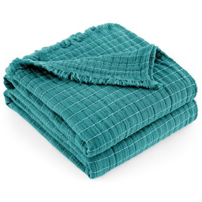 GINAMUSE 100% Cotton Muslin Throw Blanket, King Size, Lightweight, Soft, Cozy, Breathable, 274.3 x 228.6 cm, Blue-Green