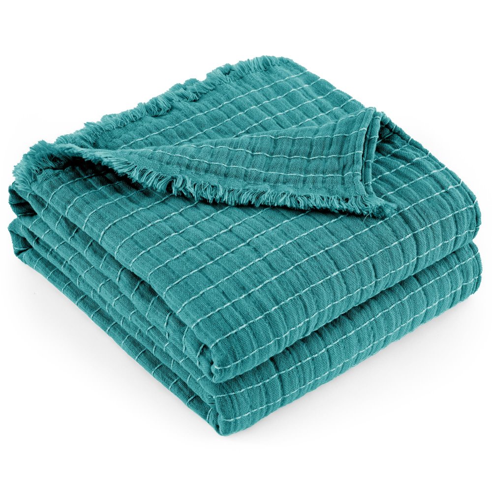 GINAMUSE 100% Cotton Muslin Throw Blanket, King Size, Lightweight, Soft, Cozy, Breathable, 274.3 x 228.6 cm, Blue-Green