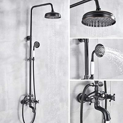 ORB Black Bathroom Shower Faucet Set, Wall-Mounted, 20.3 cm, Round Rain Shower, 3 Functions, Mixer Faucet with Swivel Tub Spout