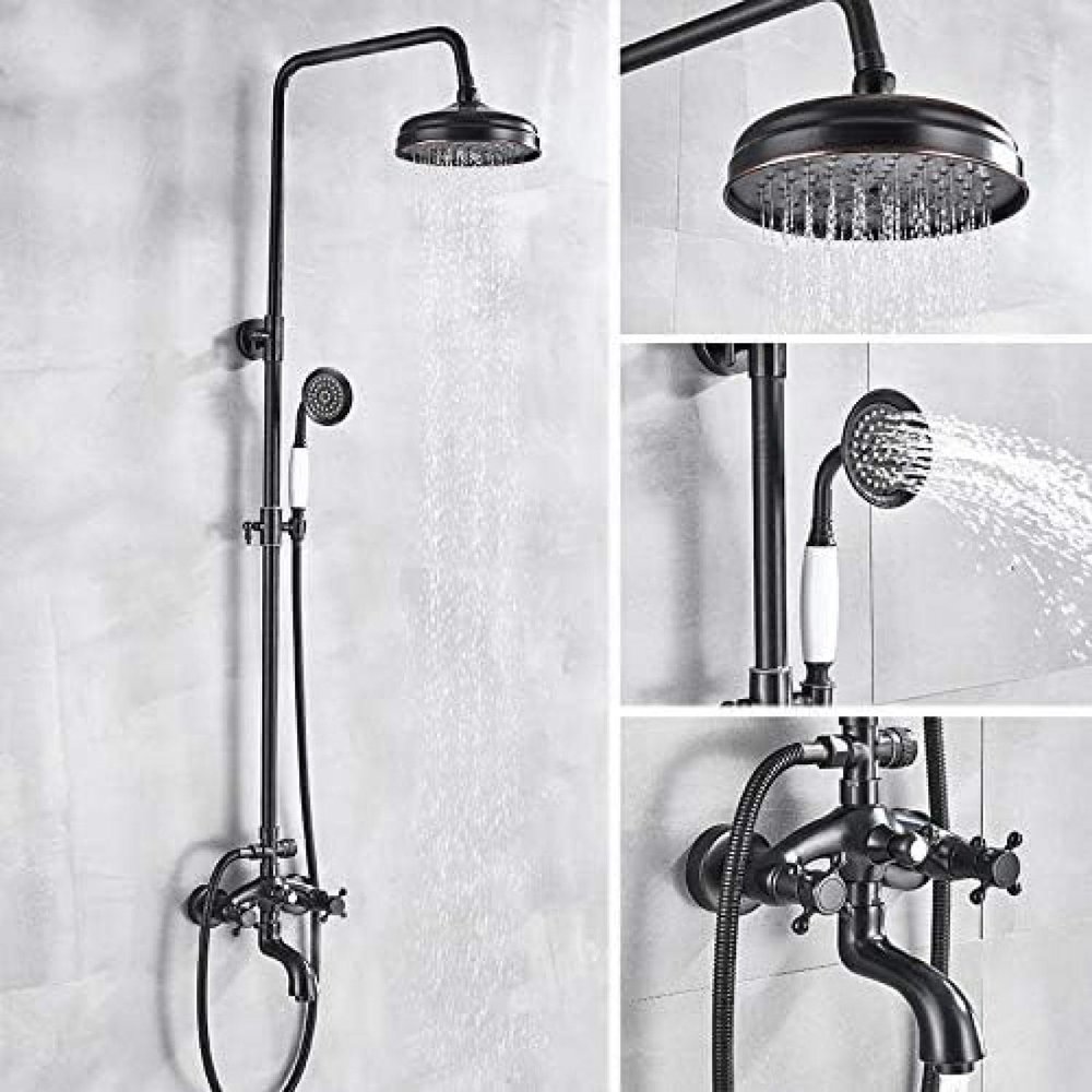 ORB Black Bathroom Shower Faucet Set, Wall-Mounted, 20.3 cm, Round Rain Shower, 3 Functions, Mixer Faucet with Swivel Tub Spout