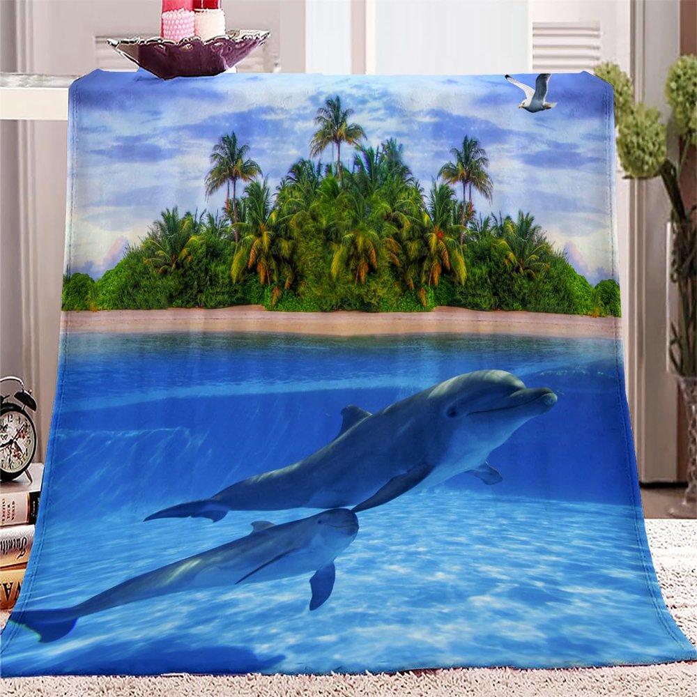 Cozy Blanket 130 x 150 cm, Ocean Dolphins and Islands, 3D-Printed Flannel, Reversible