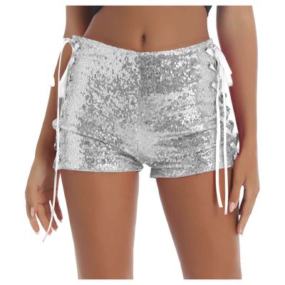 Duohropke Women's Sequin Glitter Shorts, High-Waisted Drawstring Shorts