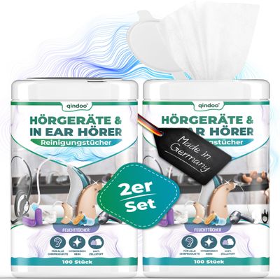Qindoo 200 Hearing Aid Cleaning Wipes for All Hearing Devices, Headsets, Headphones and Earbuds (2 Tubs)