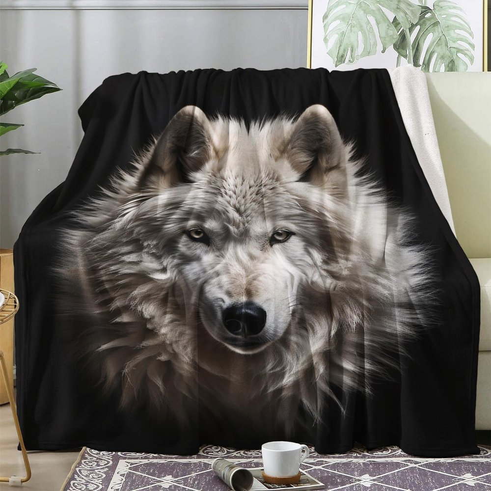 Cozy Blanket 230 x 270 cm Wolf Plush White Animal Fleece Sofa Couch Blanket, Flannel Throw, Large Warm Winter Home Blanket