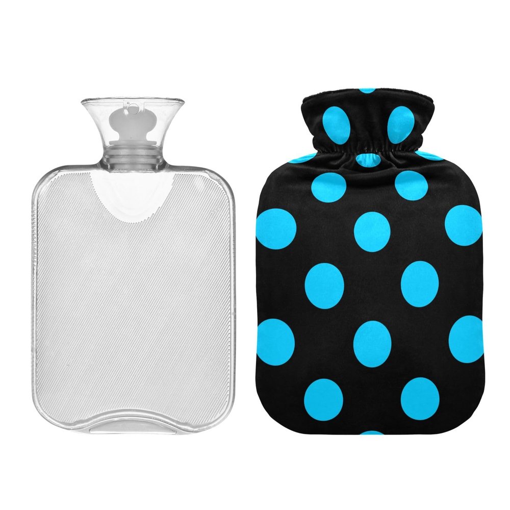 2L Large Hot Water Bottle with Cover, Blue Polka Dot Hand and Foot Warmer