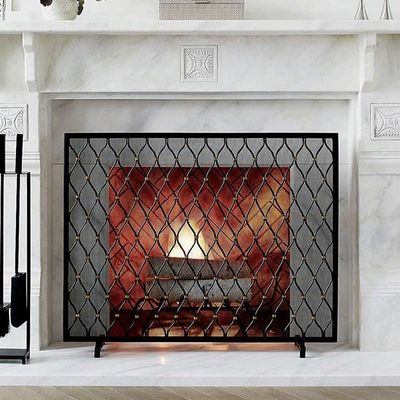 Heavy-Duty Freestanding Iron Fireplace Guard, Black, 98 x 23 x 78 cm