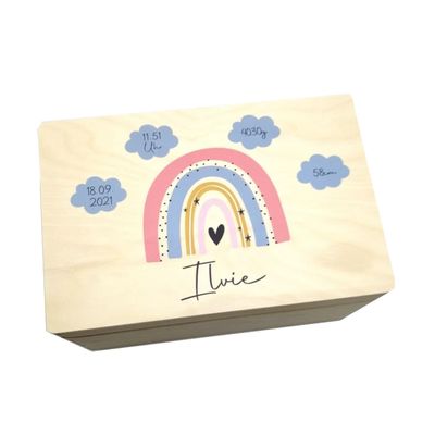 Personalized Baby Keepsake Box with Name – Pink Rainbow, Blue Clouds, Birth Date (40 × 30 × 14 cm)