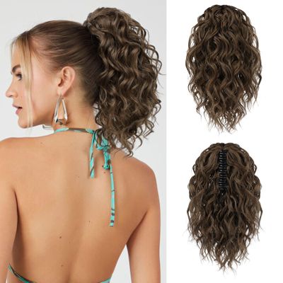FLUFYMOOZ 31 cm Short-Claw Ponytail Extension, Wavy Curly Synthetic Ponytail with Chin Clip, Medium Brown Auburn
