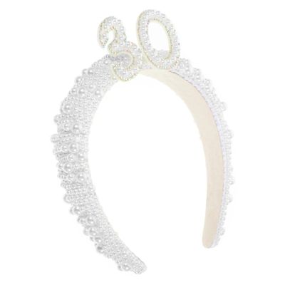 SKISUNO Lightweight Fashion Birthday Headband for Women with White Faux Pearls and Aluminum Alloy Decoration