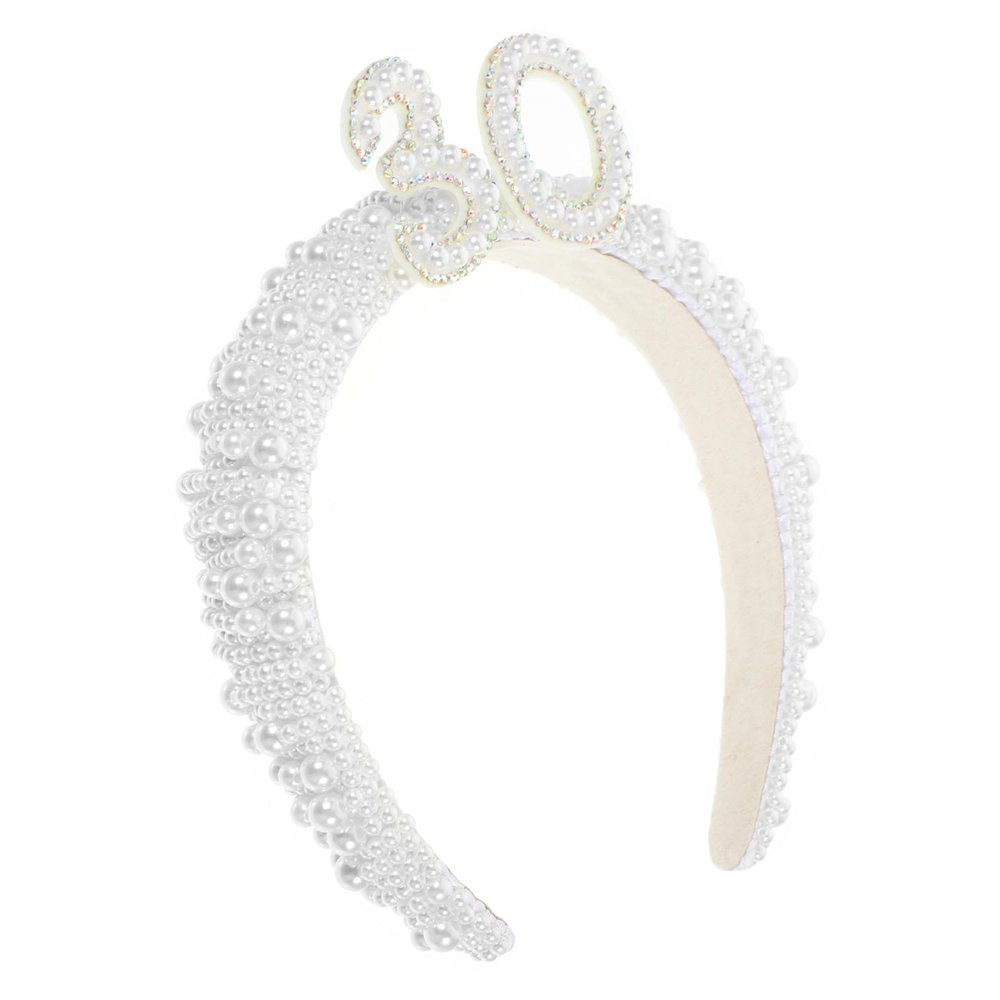 SKISUNO Lightweight Fashion Birthday Headband for Women with White Faux Pearls and Aluminum Alloy Decoration