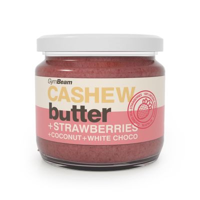 GymBeam Cashew Cream with Strawberries – Cashew Butter with Coconut and White Chocolate, Smooth Creamy Texture, No Palm Oil, GMOs or Gluten, Ideal for Porridge Bowls, Desserts and Smoothies, 340 g
