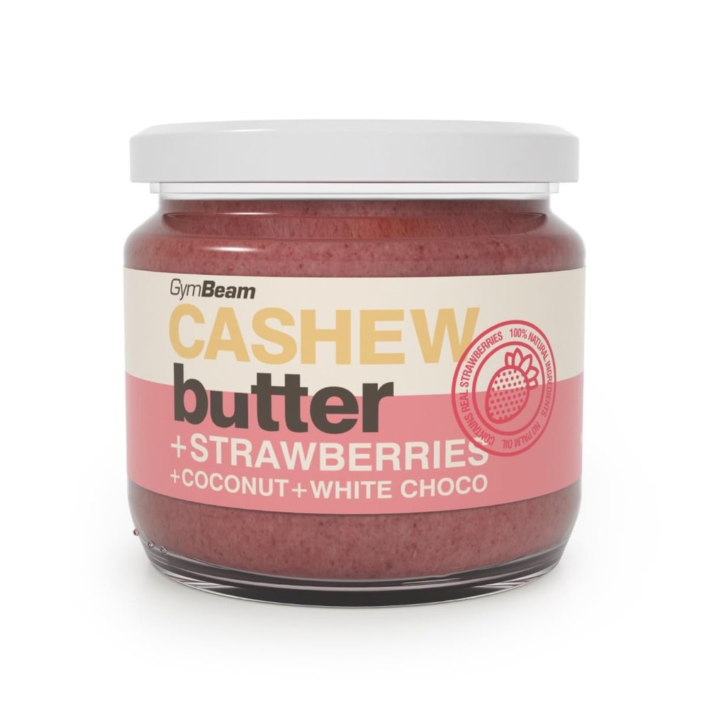GymBeam Cashew Cream with Strawberries – Cashew Butter with Coconut and White Chocolate, Smooth Creamy Texture, No Palm Oil, GMOs or Gluten, Ideal for Porridge Bowls, Desserts and Smoothies, 340 g