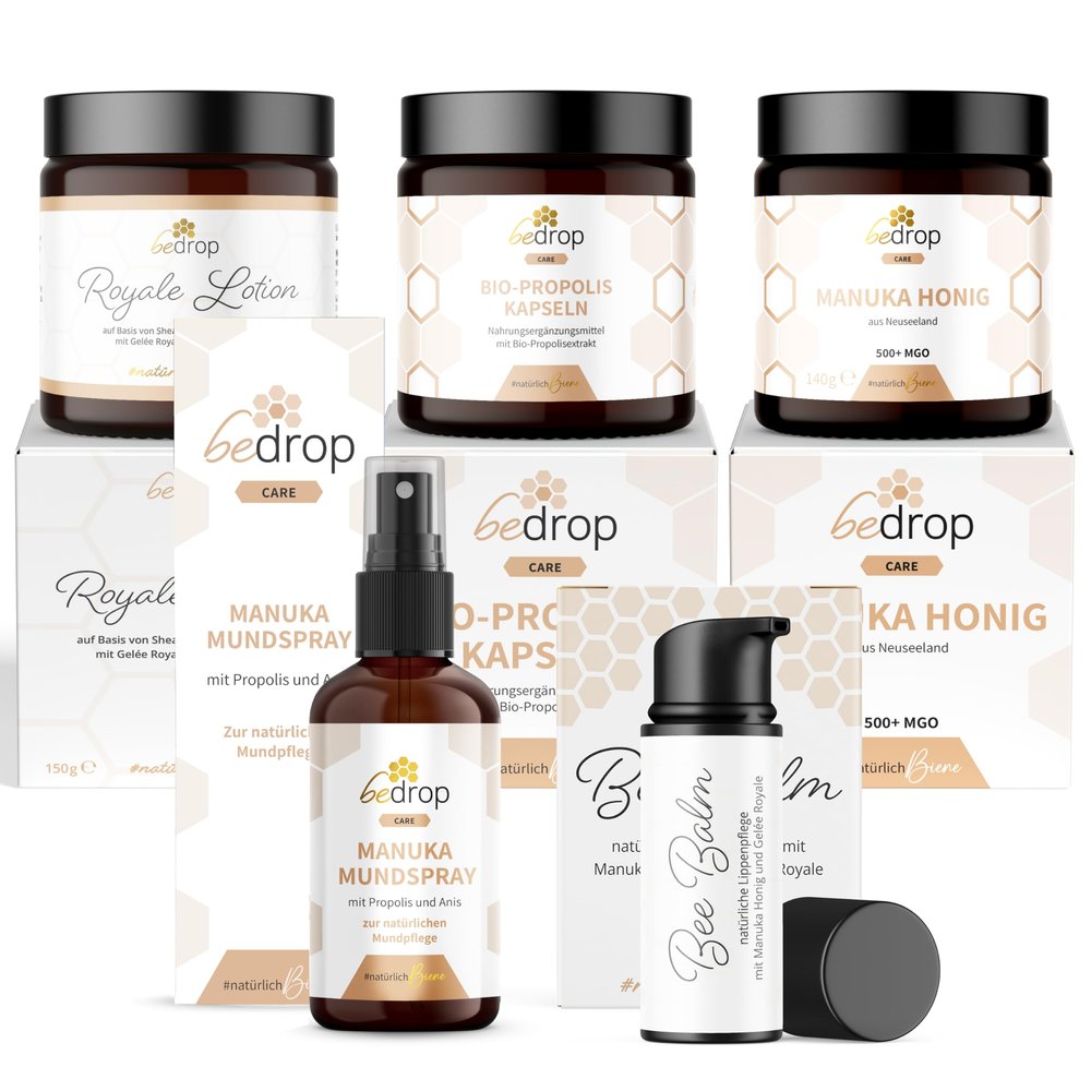 bedrop | Winter Care Set | Bee Balm, Propolis Capsules, Royal Jelly Lotion, 140 g Manuka Honey & Manuka Anise Spray