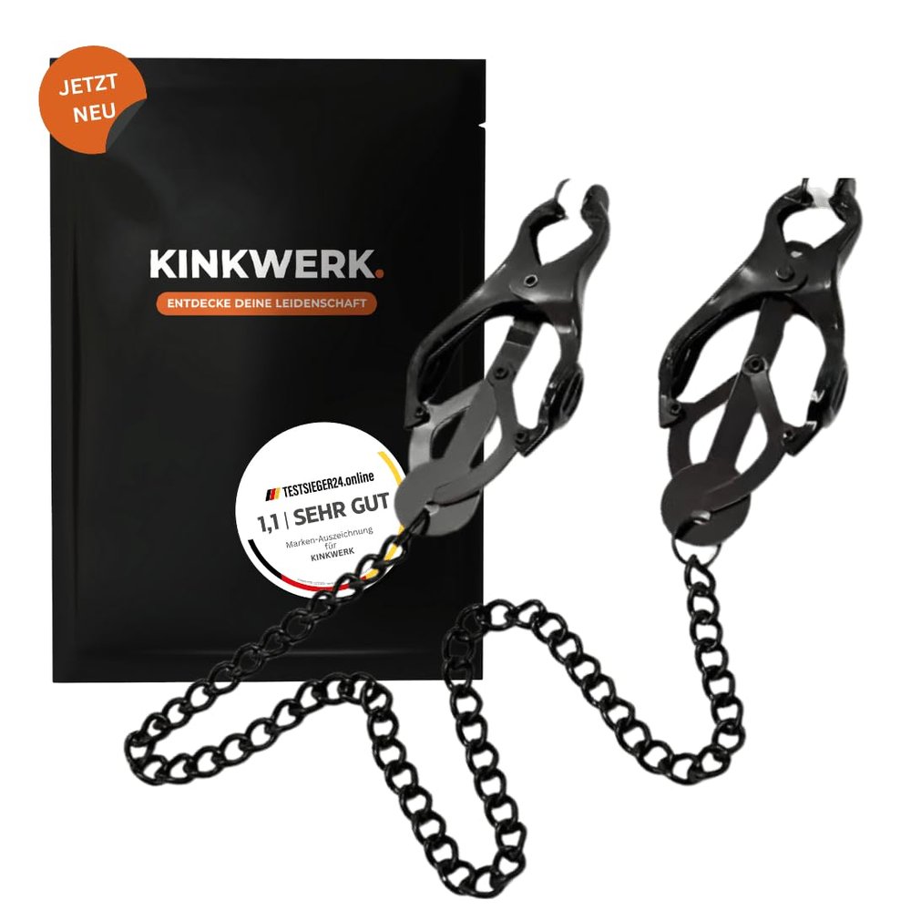 KINKWERK Extra-Strong Nipple Clamps with Chain for Women & Men | Clover Clamps with Silicone Pads, Black