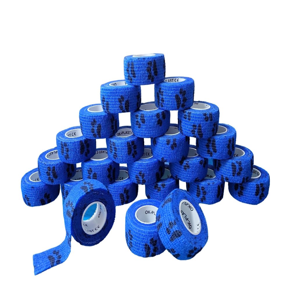 24 Rolls OK-Plast Self-Adhering Finger Bandages, Blue with Paw Prints