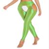 FEESHOW Women's Shiny Open-Crotch Nylon Leggings, Neon Green, M view 3