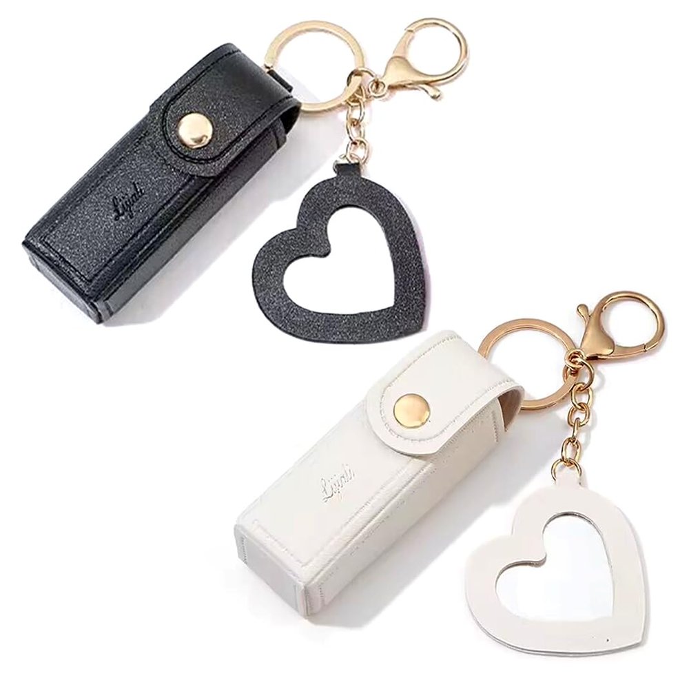 2 Leather Lipstick Cases with Heart-Shaped Mirror, Lip Balm Holder and Keychain (Black + White)