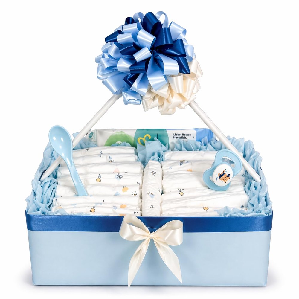 Diaper Cake / Diaper Basket Baby Gift Set for Birth & Baptism (Blue)