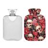1L Large Hot Water Bottle with Cover, Pink-Red Flowers and Skull Pattern view 1