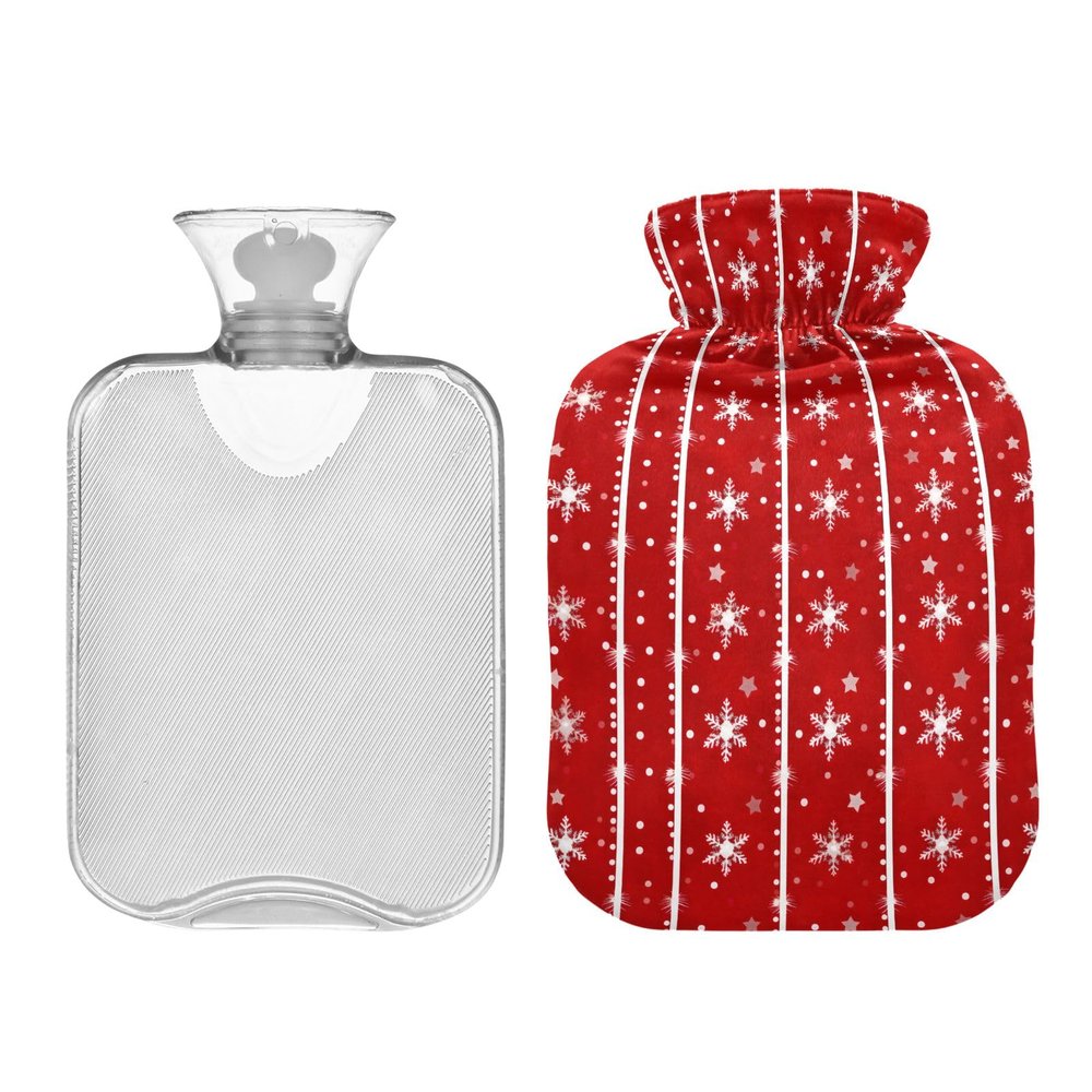 Hot Water Bottle with Cover, Red Christmas Snowflakes, 1 L