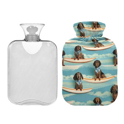 Hot Water Bottle with Cover, 2 L Reusable Hot Water Bottle for Menstrual Cramps, Neck and Shoulder Pain Relief, Hot and Cold Therapy, Dachshunds on Surfboards
