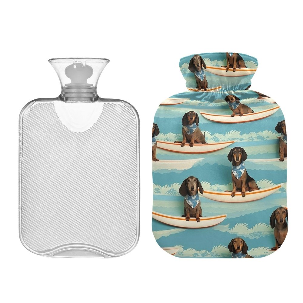 Hot Water Bottle with Cover, 2 L Reusable Hot Water Bottle for Menstrual Cramps, Neck and Shoulder Pain Relief, Hot and Cold Therapy, Dachshunds on Surfboards