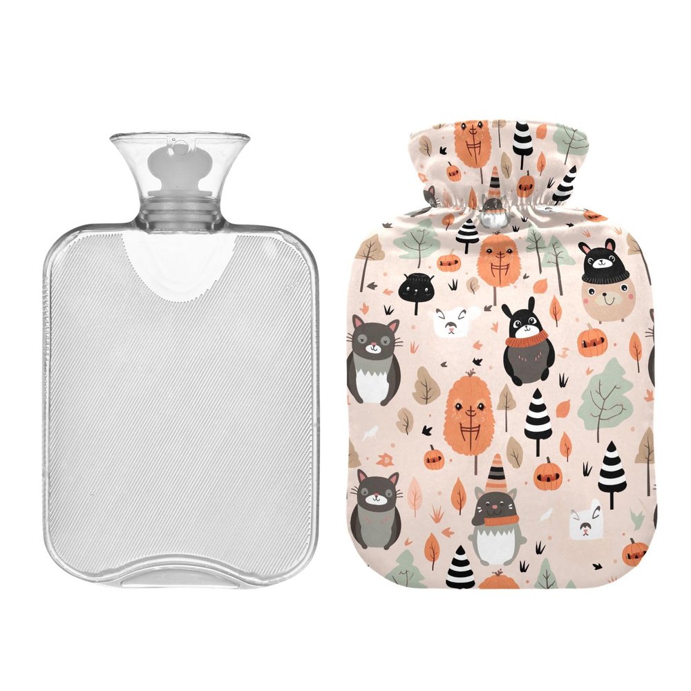 Classic Hot Water Bottle with Cover, 1 L Reusable Heat Bag for Neck, Shoulders and Legs, Hot and Cold Compress, Cute Woodland Animals
