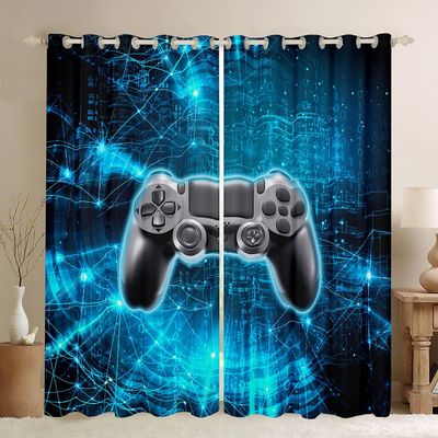 Black Gamepad Window Curtains for Kids’ Gamer Rooms, Neon Blue Geometric Lines, 2 Panels